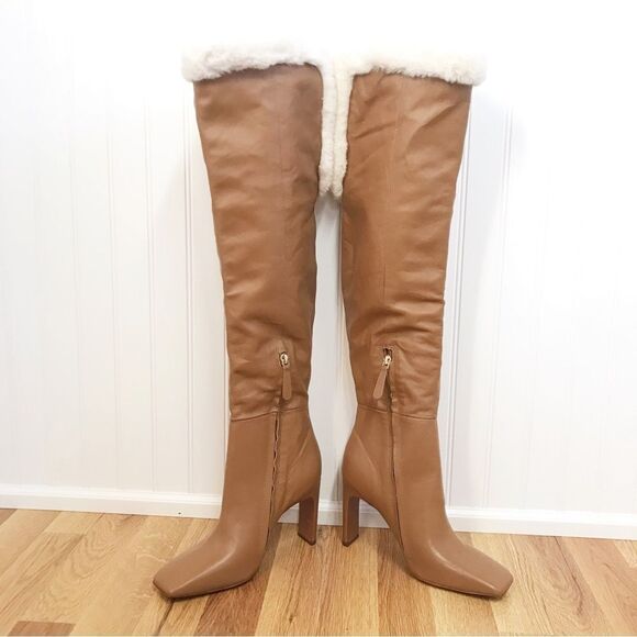 BCBGMAXAZRIA Tan Leather Over The Knee Boot Faux Fur High Block Heel Size 7 - Picture 7 of 16